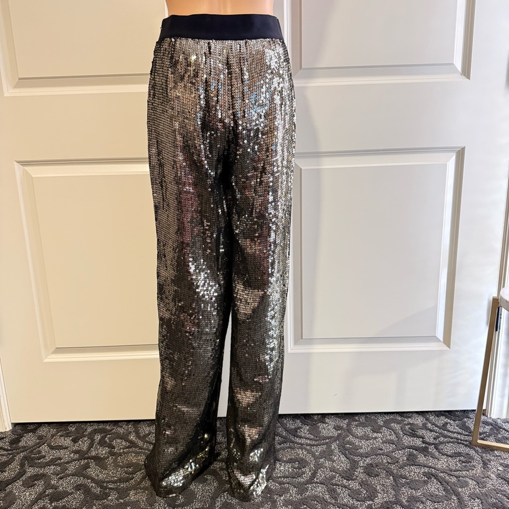 Alice + Olivia Sequin Pants Wide Leg Gold Black - Picture 9 of 11